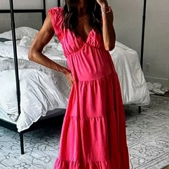 English Factory Ruffle Sleeve Maxi Dress in Hot Pink Size M - Picture 1 of 9